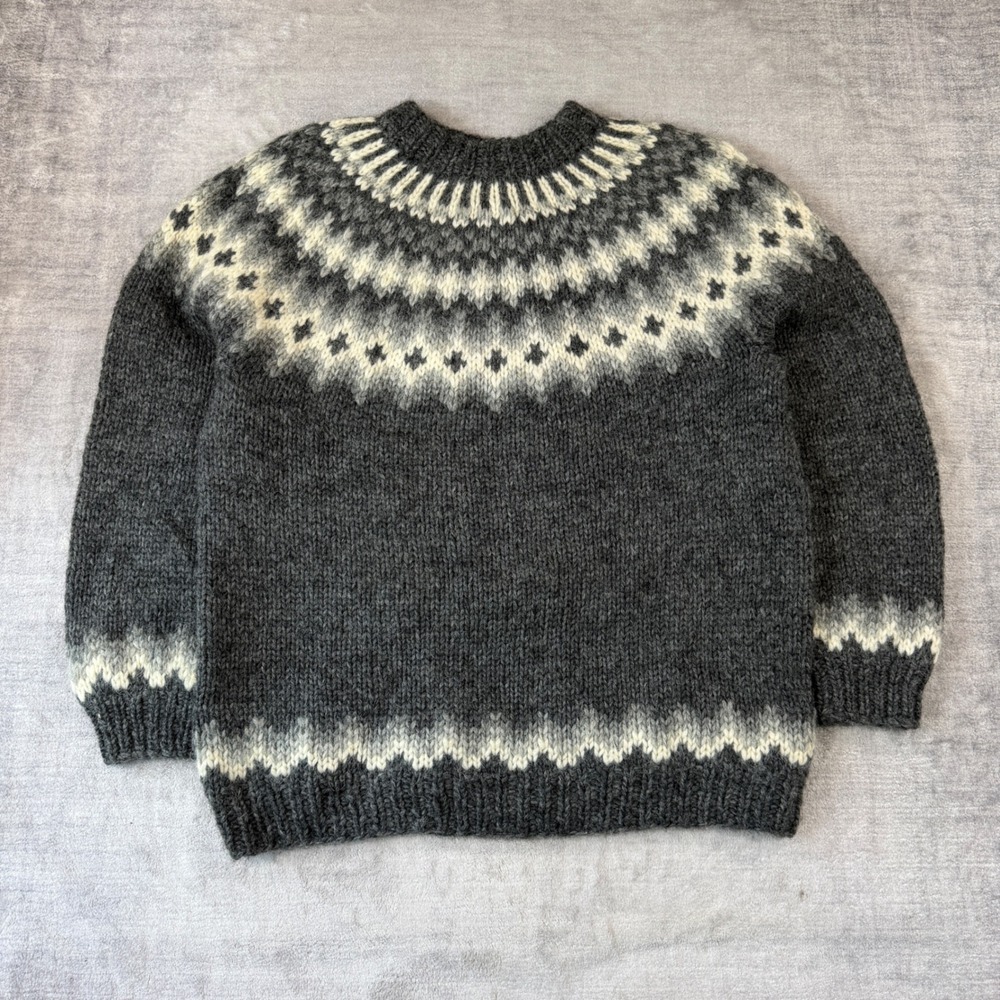 VTG Handknit Sweater Women XL Grey Wool Fair Isle Nordic Chunky Knit Pullover
